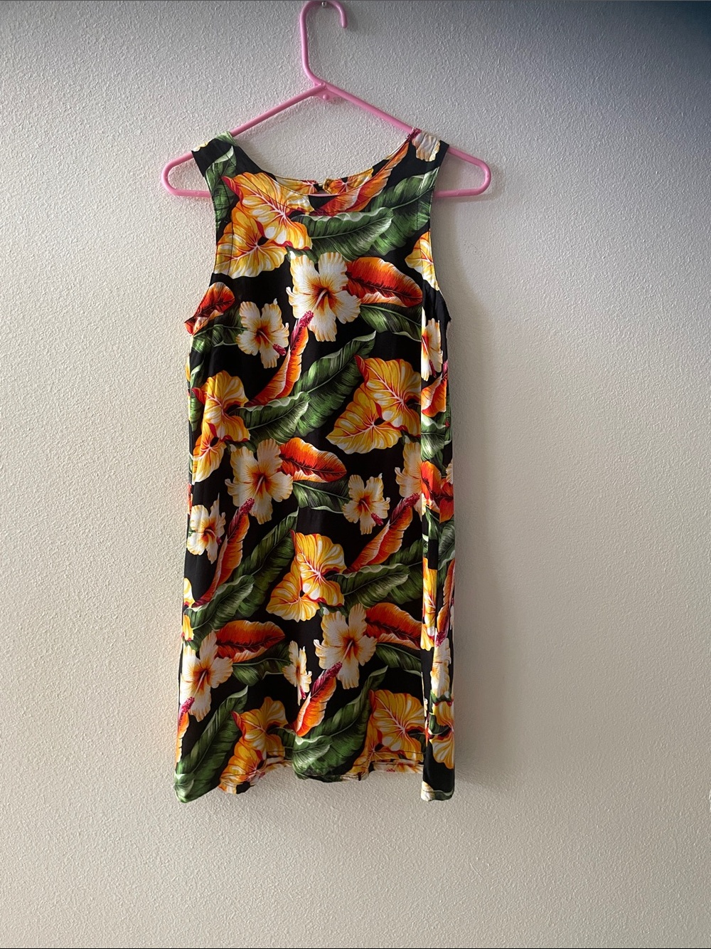 Tropical Floral Sleeveless Shift Dress - Black Background